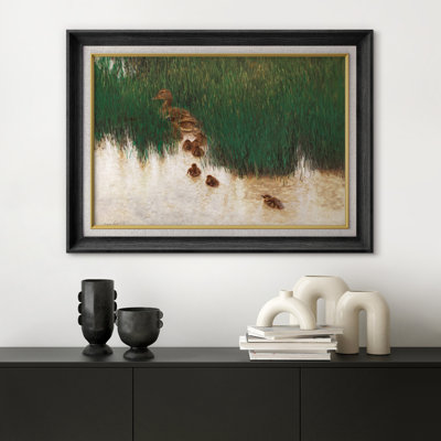 Mother Duck with Ducklings in Reeds Artwork, Bedroom Pictures, Framed Canvas Giclee Print Wall Art