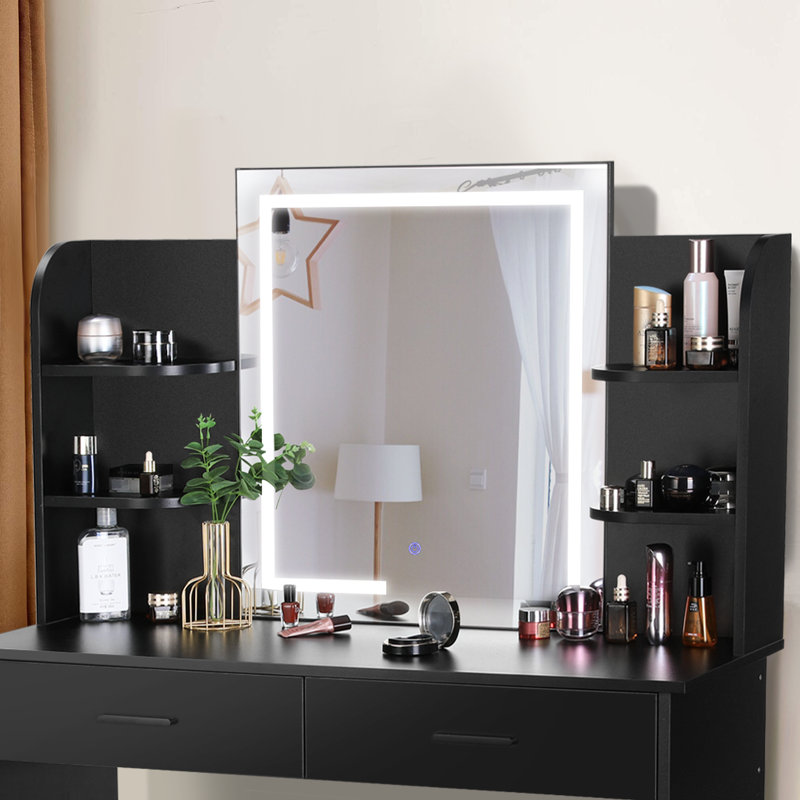 Greyden Vanity Set with LED Mirror & Stool, Black