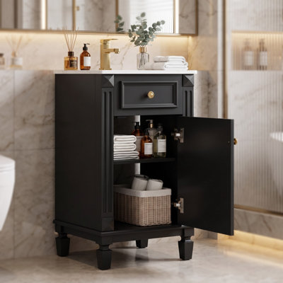 Meuble-lavabo de 18 po de style français avec lavabo en céramique intégré, porte à fermeture en douceur et tablette réglable - meuble-lavabo autoportant compact pour salle d'eau et petites salles de bain