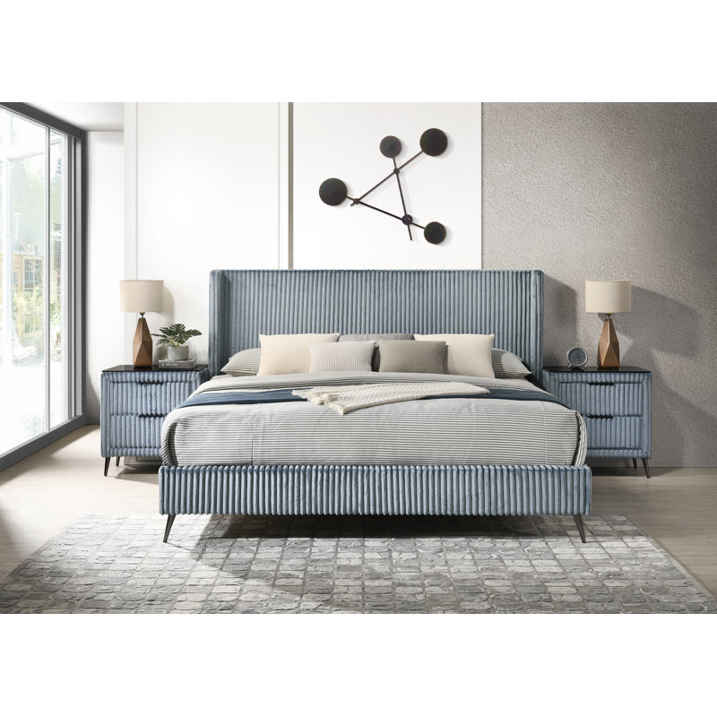 Northington Mavela Wide Wale Upholstery Panel Bed with 2 Nightstands, King, Blue