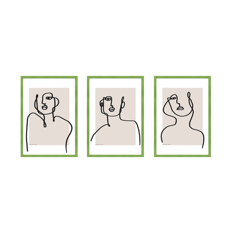 Figure and Form. Set of 3 by Romina Gadler - Framed Wall Art, 20" H x 14" W x 1.25" D, Lime Green Framed Paper