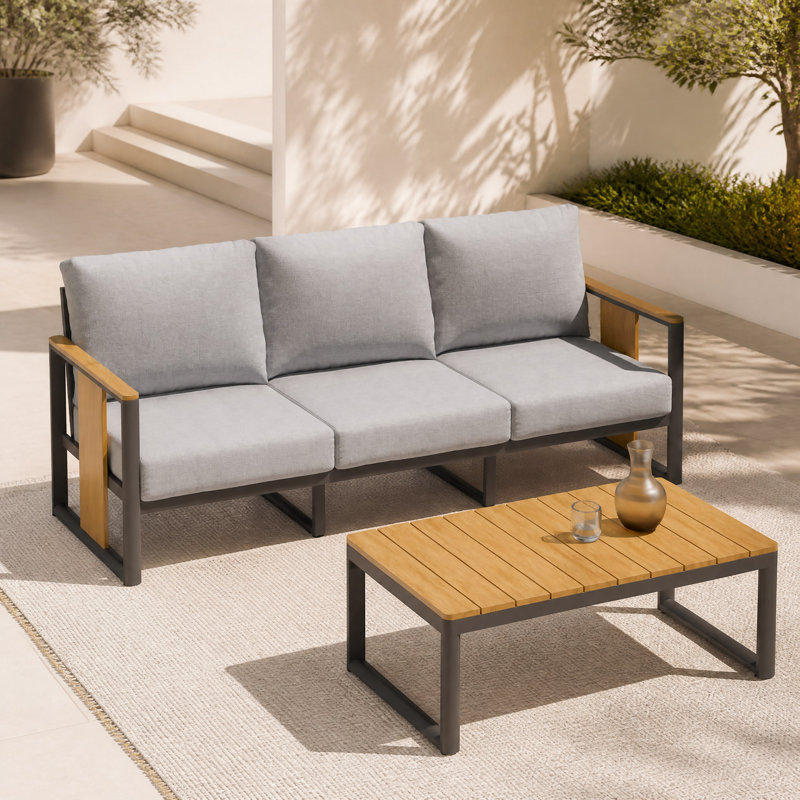 Ensemble de mobilier d'extérieur moderne 2 pièces avec coussins de siège profond et table basse d'appoint en grain de bois clair
