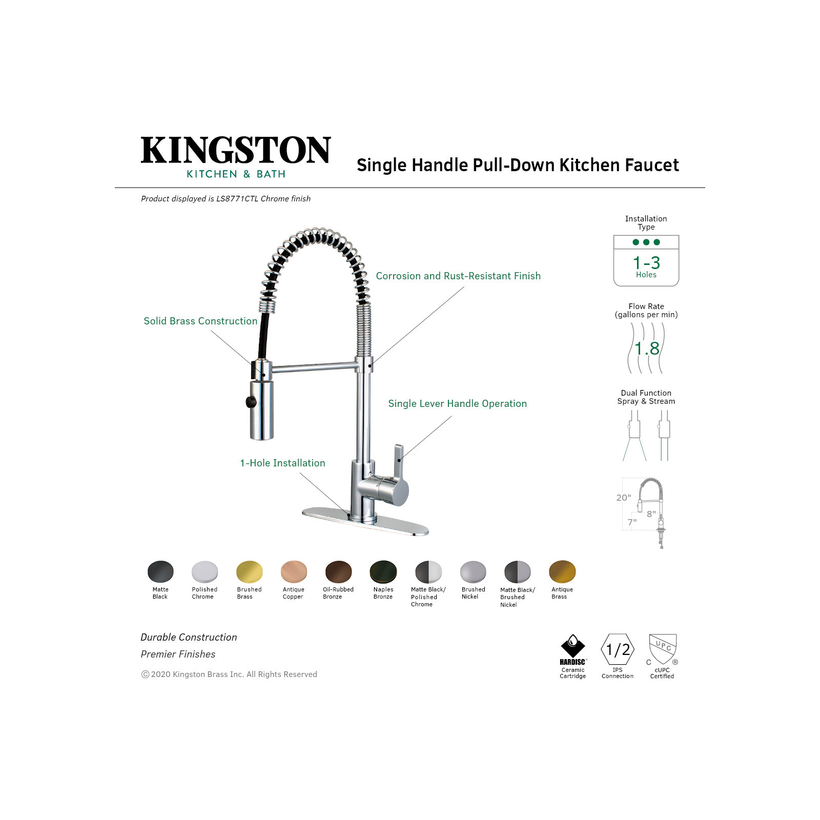Kingston Brass Continental Single-Handle 1-Hole Deck Mount Pre-Rinse Kitchen Faucet, Oil Rubbed Bronze