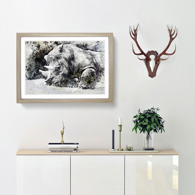 Resting Rhino in Abstract - Picture Frame Painting Print, Oak Framed, 48cm H x 65cm W x 2cm D