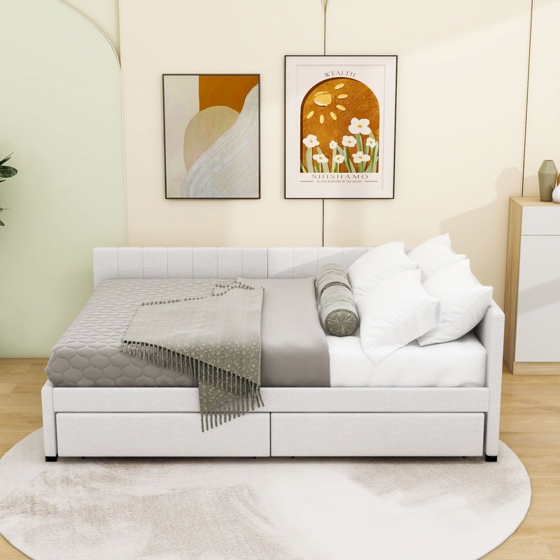 Tayson Full 2 Drawers Upholstered Daybed, Beige