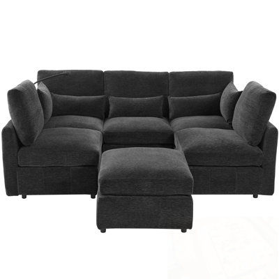 U-Shaped Sectional Sofa With Movable Ottoman, Two USB Ports And A Phone Holder