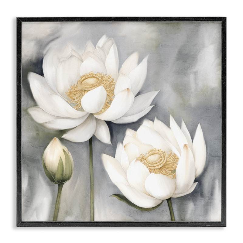 Lotus blanc sur estampe numérique par Kim Allen, H 12 po x l 12 po, Giclée encadrée noir minuit