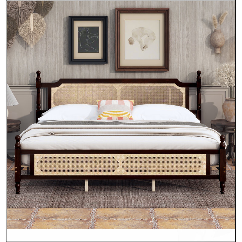 Lit en bois de pin avec tête et pied de lit en rotin, plateforme de lit central amélioré pour un soutien supérieur, espresso