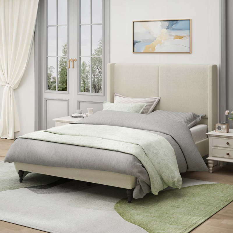 Lit Glam avec tête de lit capitonnée et pieds en bois massif, Beige, Grand lit