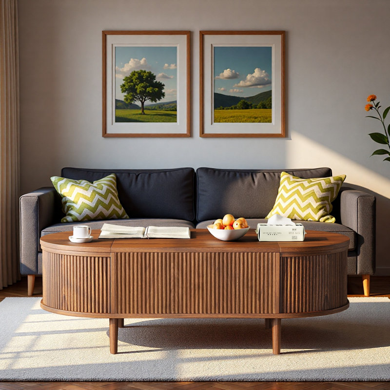 Table basse ovale minimaliste de 47,24 po avec rangement caché et finition grain de bois, Antique Brown