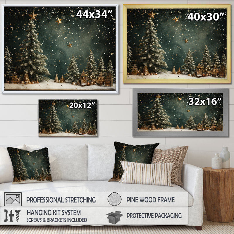 Décoration de sapin vert de Noël - Art mural sur toile de pin, H 34 po x l 44 po, Noir, Impression encadrée