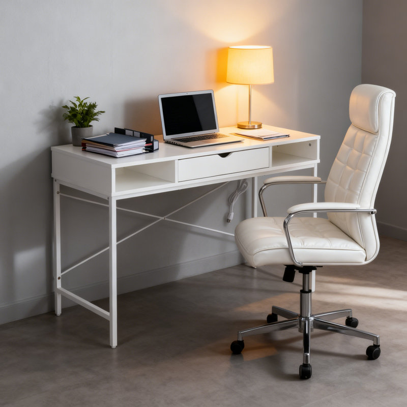 Desk with Built-in Outlets - Modern Office Desk with USB Charging Ports, White