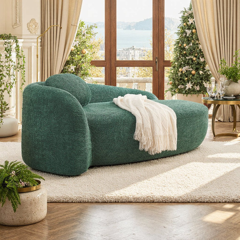 Méridienne simple en tissu bouclé, conception peu encombrante pour le salon ou la chambre à coucher, Vert