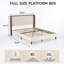 Lit plateforme capitonné de style moderne du milieu du siècle, avec garniture en bois et pieds dorés, taille double, lin beige-129868384-135115442