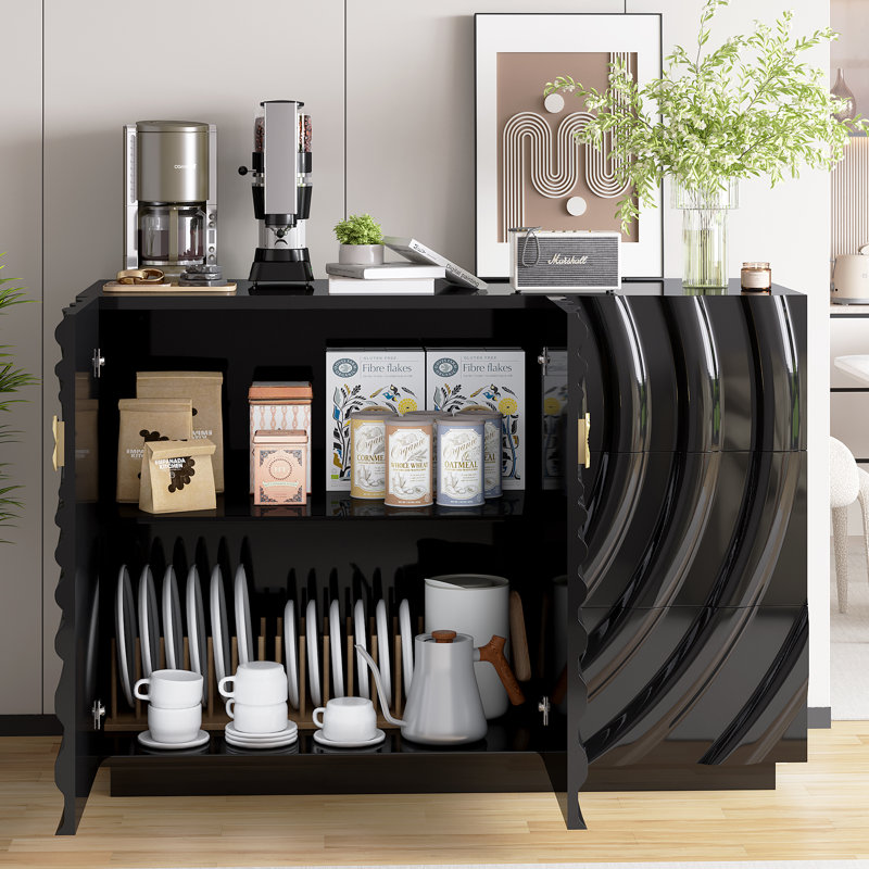 Buffet 47,2 "de large avec 2 portes et 3 tiroirs, tablettes réglables, Noir