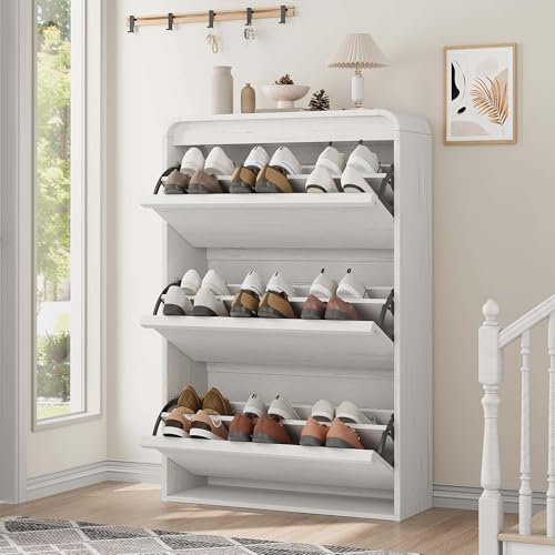 Armoire à chaussures avec 3 tiroirs rabattables, armoire en bois avec tablettes réglables et poignée cachée, Blanc