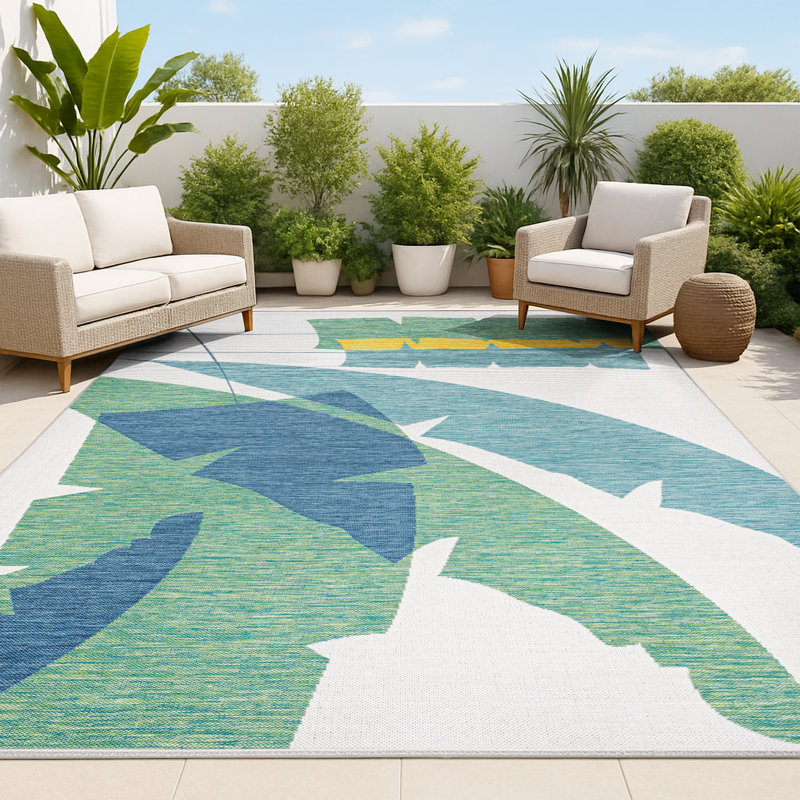 Correlly Coastal Vintage Abstract Palm Leaf Green/Cream Indoor/Outdoor Rug, Rectangle 5'3" x 7'7"