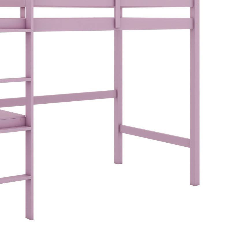 Lit mezzanine simple haut, lit mezzanine en bois d'hévéa avec garde-corps de sécurité, bureau intégré, échelle, Rose