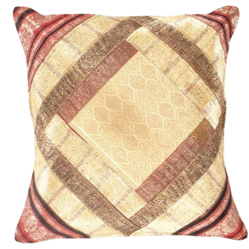 Taie d'oreiller carrée en soie rétro 16 "Sari, Cream Patchwork