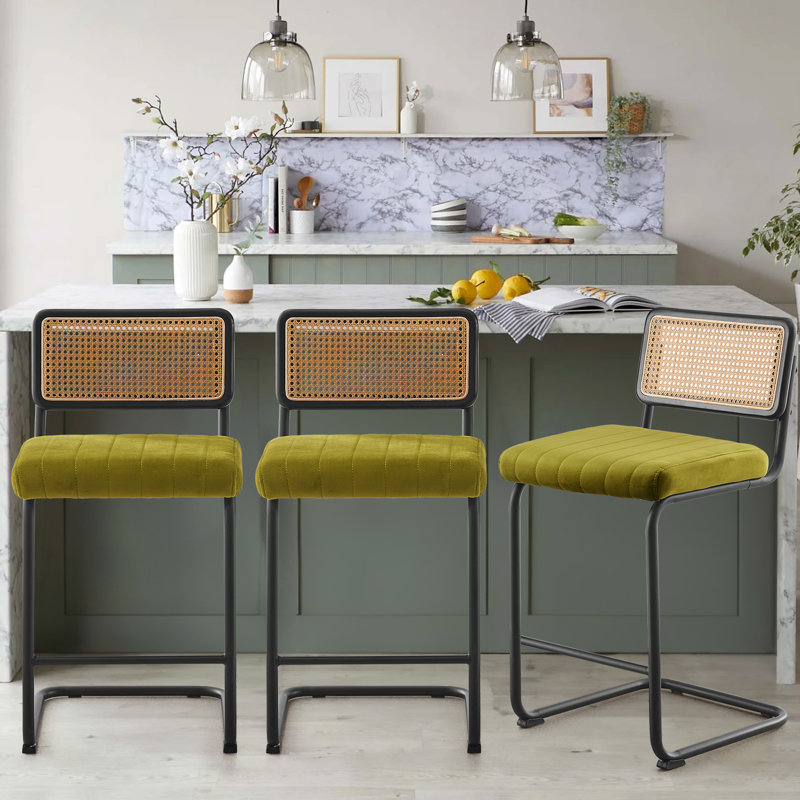 Georgios Velvet Upholstered Cane Back Bar & Counter Stool, Oliver Green Velvet/ Black Frame, Counter Stool (26" Seat Height)