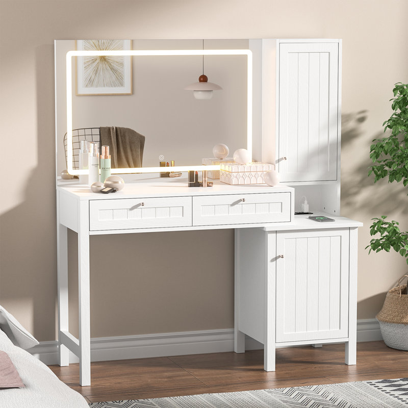 Makeup Vanity With Lighted Mirror And Built-in Power Outlets And Usb Ports For Bedroom