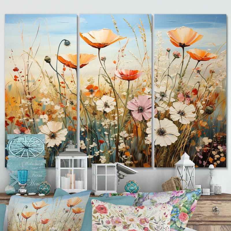 «Wildflowers Floral Symphony» sur toile, reproduction de 3 pièces, H 40 po x l 60 po x P 1 po