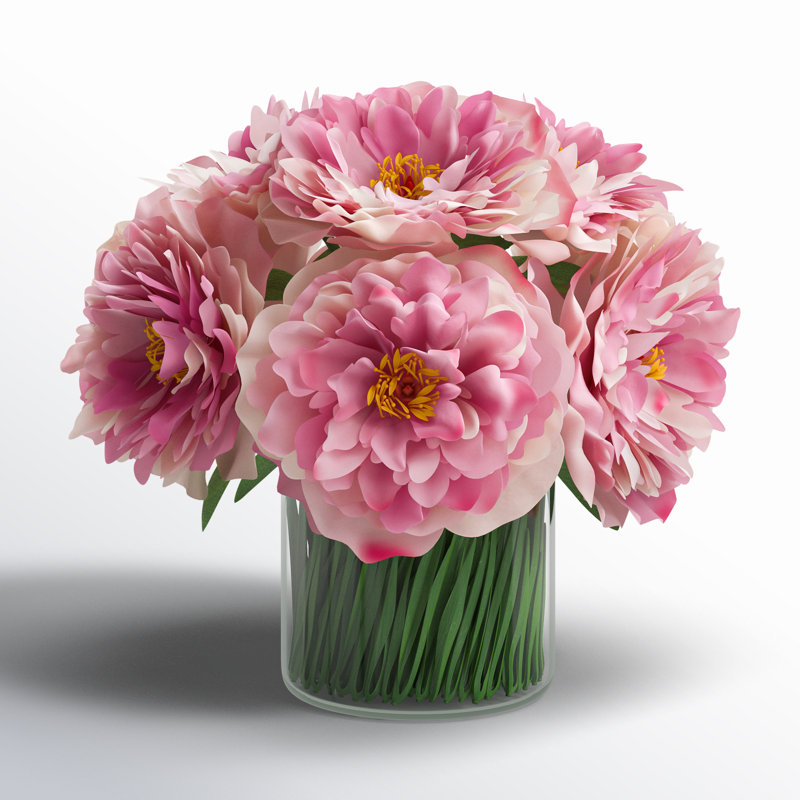 Peonies Arranged in Glass Vase with Grass, Pink