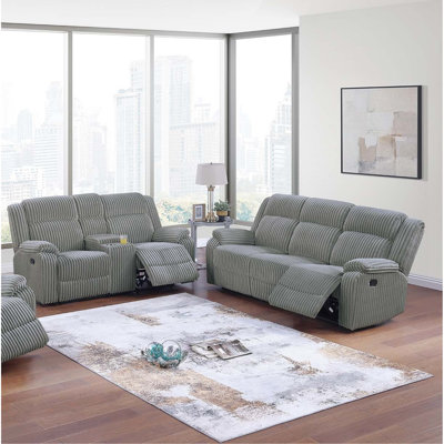 Motion Sofa And Loveseat W Console Smoke Fur Like Corduroy 2Pc Reclining Sofa Set Living Room