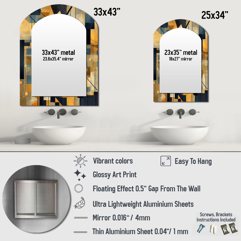 Gold Cubist Visions II - Cubism Arch Mirror, Gold Asymmetrical Unique Wall Mirror, Printed Metal Art, 34" x 25"
