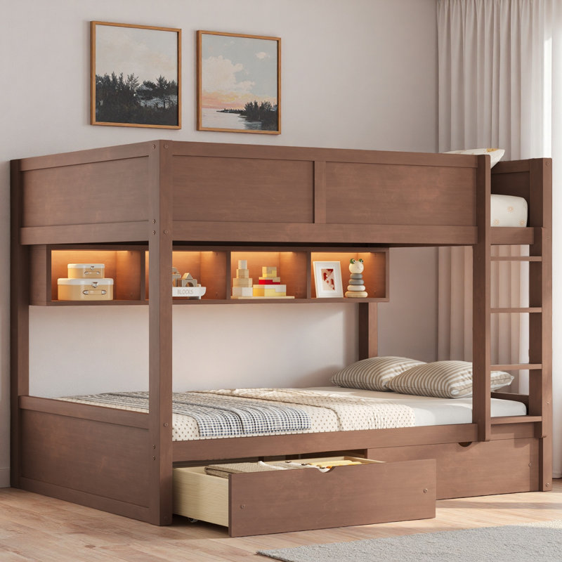 Bunk Bed With Storage Cabinets, Led Light And 2 Drawers, Brown