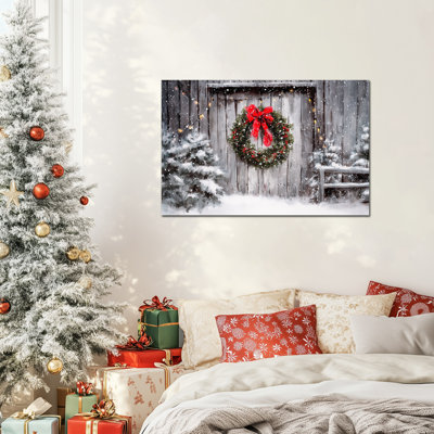 Large Christmas Wreath Wall Art - Vintage Christmas Pictures Wall Decor+ Snowy Winter Season Art Prints for Living Room+ Holiday Charm Snowfall Artwork for Home+ Framed Canvas Print, 32×48 inches