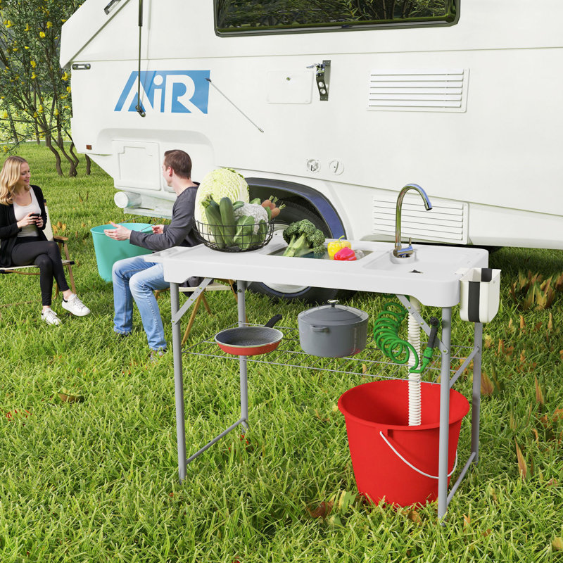 Table de nettoyage de poisson portable/table de camping avec robinet, table pliable pour nettoyer le poisson, station de filetage portable pour l'extérieur, blanche