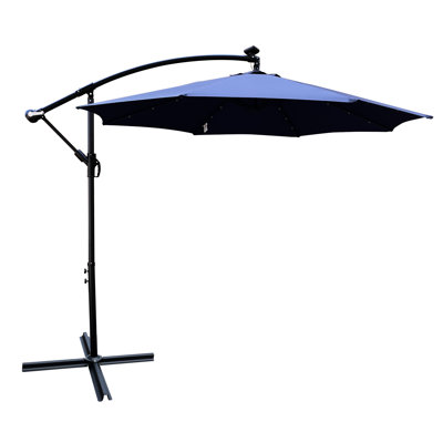 Parasol de patio extérieur 10 pi à DEL avec vent, 8 baleines, manivelle, base transversale pour piscine de jardin avec lumières alimentées, manivelle, bord de piscine