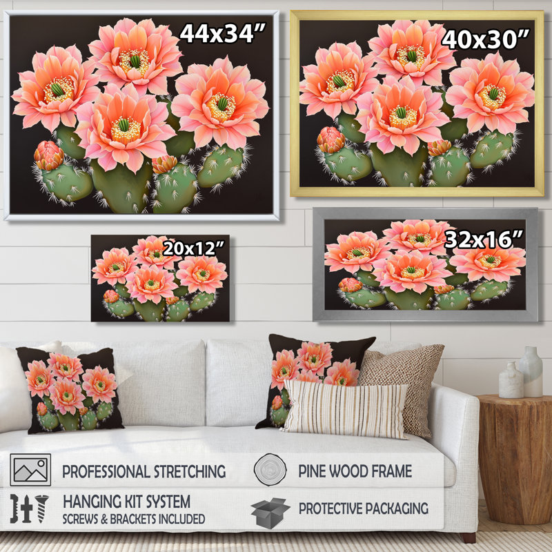 «Rose and Orange Cactus Bloom III - Floral Cactus», reproduction d'art murale, H 12 po x l 20 po, Noir