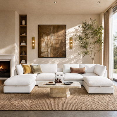 Miloe Everly 7 Piece Chenille Upholstered Sectional Sofa, U-Shaped Modular Couch Sofa With 2 Storage Ottoman & Cup Holder
