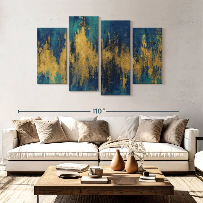 Avery abstrait bleu foncé et or, H 54 po x l 84 po