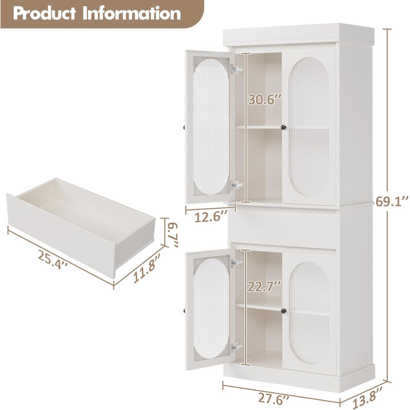 Armoire de cuisine, grande armoire de rangement avec portes en verre et tablettes réglables