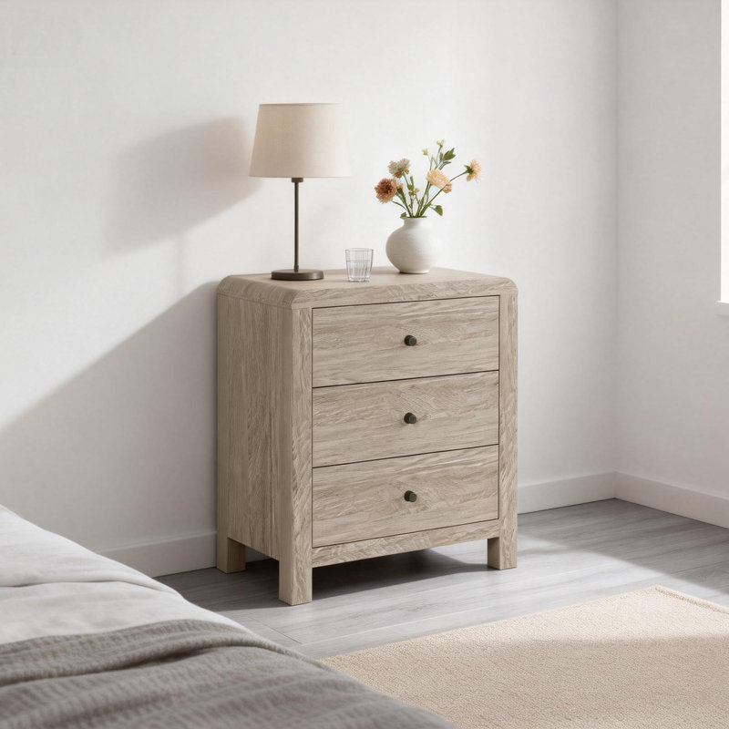 Modern 3 Drawers Nightstand With Rounded Table Corners, Brown