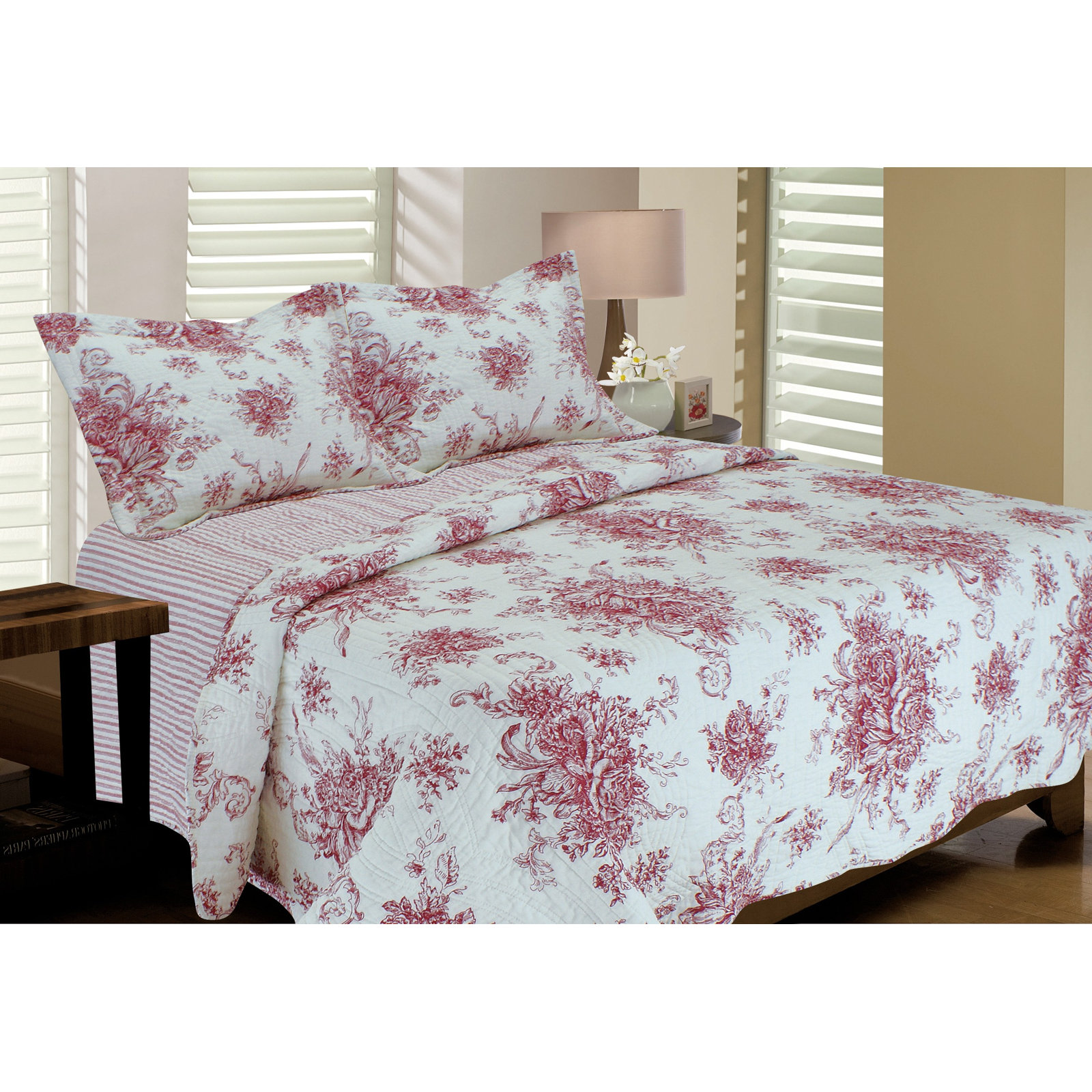 Benedictine Cotton Quilt Set, Full/Queen Quilt + 2 Shams, Gray