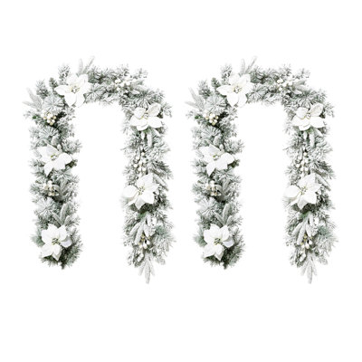6' Pre-Lit Flocked Greenery Pine White Poinsettia Christmas Garland With Lights