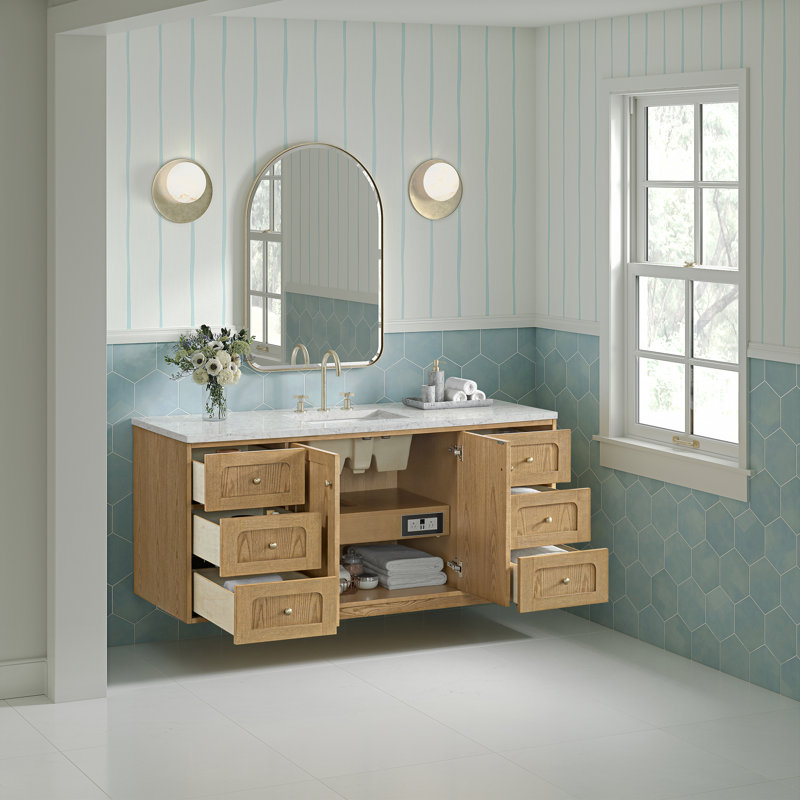 Laurent 60"W Single Vanity W/ Freepower Wireless Charger, Eternal Jasmine Pearl, Light Natural Oak