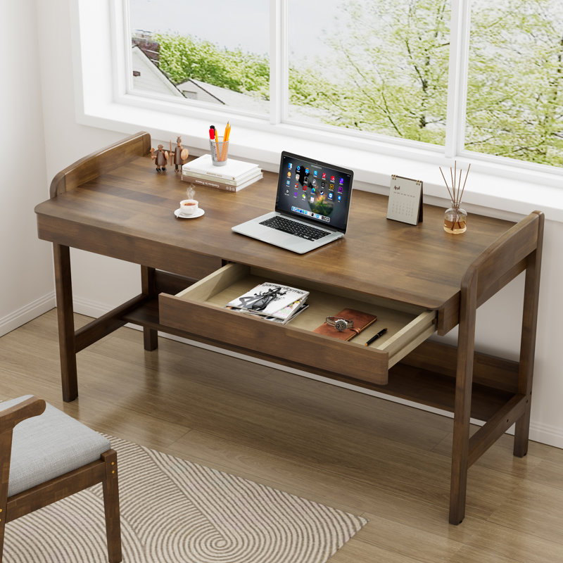 Solid Wood Desk with Drawers - Manual Adjustable Height Standing Computer Desk with Cable Hole, Brown