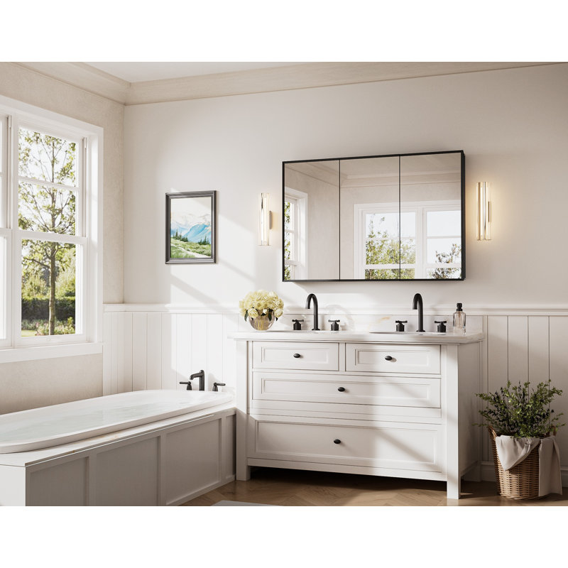 Recessed or Surface Medicine Cabinet with Mirror Easy Assembly Aluminum Framed Tempered Glass, Matte Black