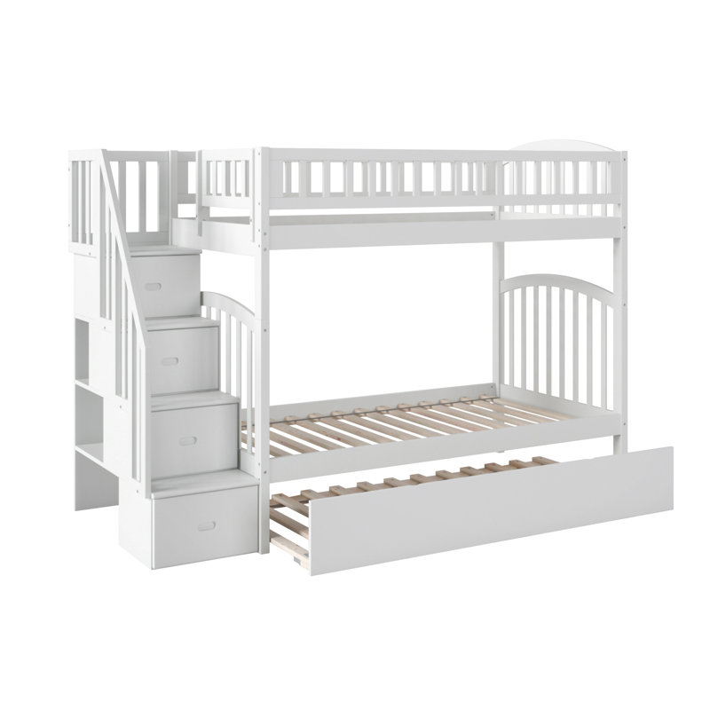 Jaxson Kids Solid Wood Staircase Bunk Bed with Roll Out Trundle, Twin Over Twin, White