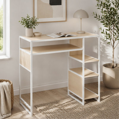 Table à hauteur de bar avec espace de rangement en métal blanc et bois naturel