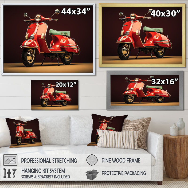 Retro Scooter Adventure I - Scooter, impressions encadrées, Cadre flottant noir, H 16 po x l 32 po x P 1 po