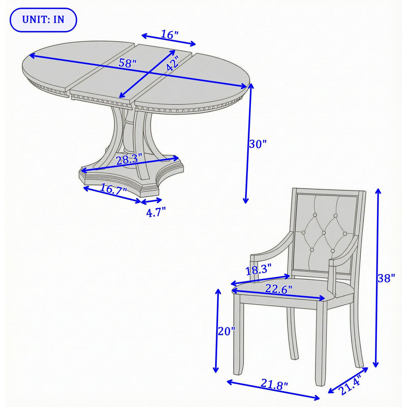 Ensemble de salle à manger rétro extensible rond de 5 pièces avec chaises, Antique Grey