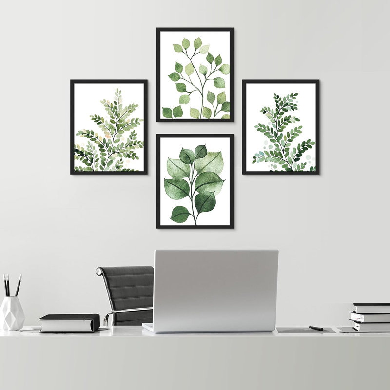 " Green Pastel Forest Fern Leaf " 4 - Pieces, 10" H x 8" W x 1" D, Black Framed