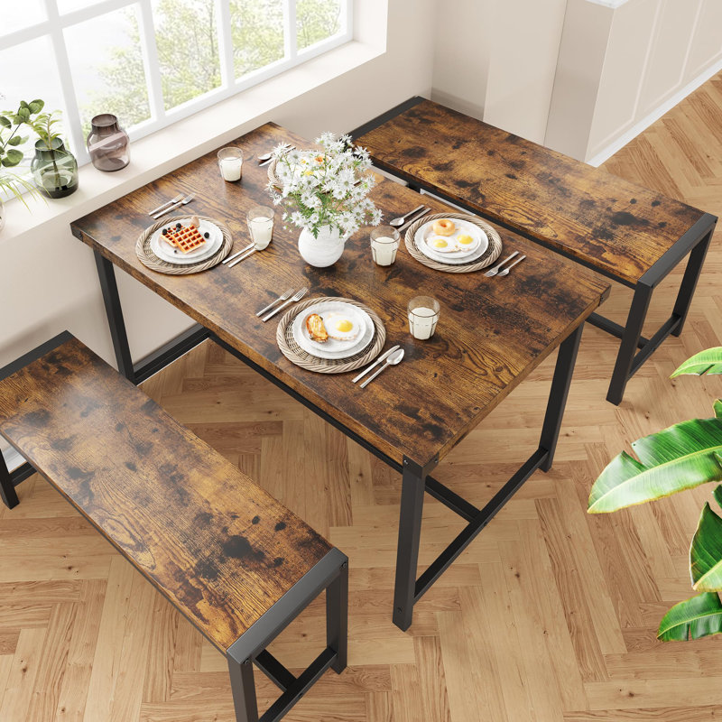 Ensemble de salle à manger 3 pièces peu encombrant pour 4 personnes, table avec 2 bancs, style Mid-Century moderne, structure en métal, espace compact