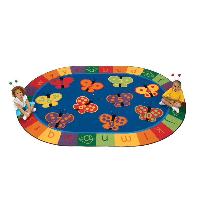 ABC 123 Butterflies Counting Literacy Tufted Blue/Red/Orange Classroom Area Rug, Oval 6'9" x 9'5"